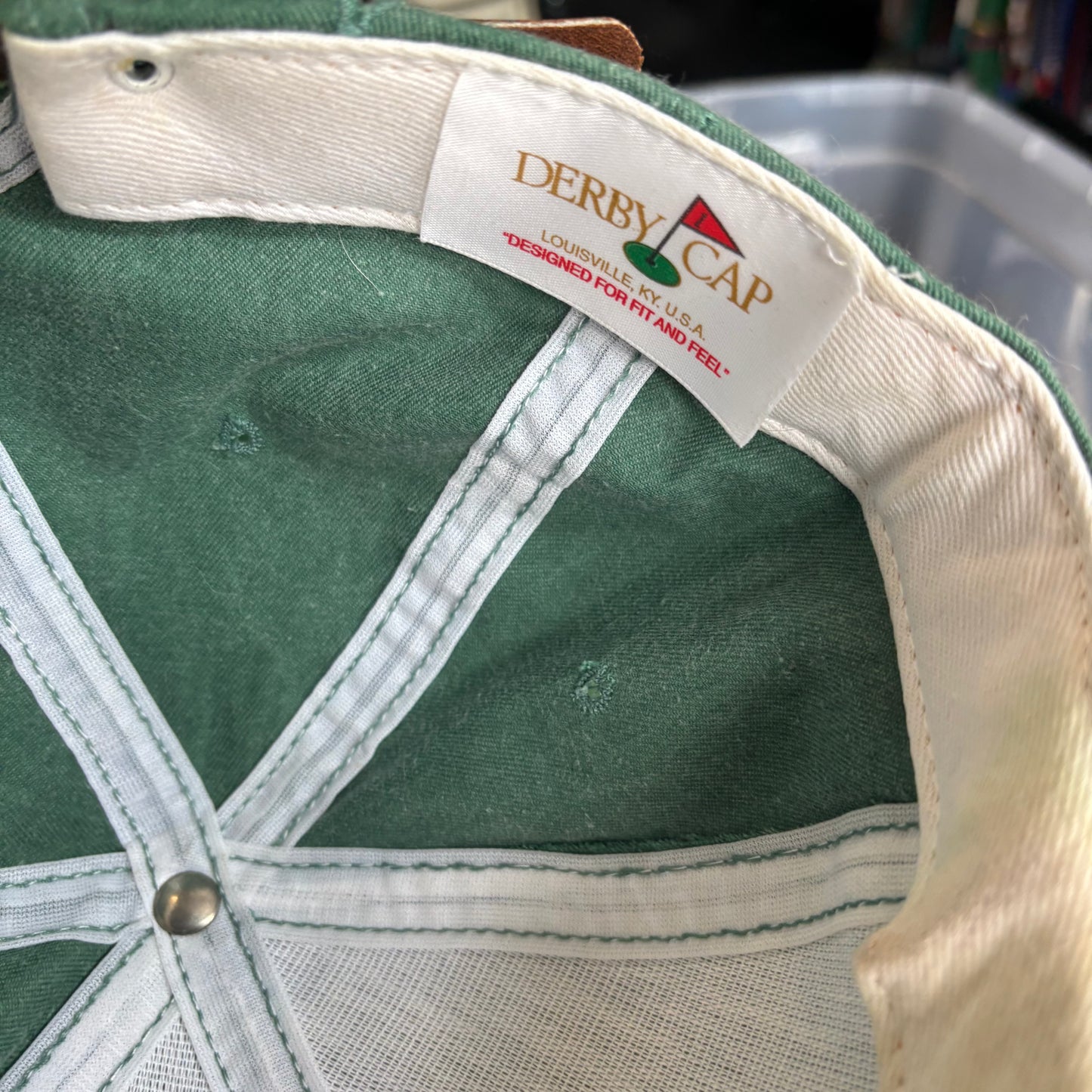 Vintage Buck Creek plaid green leather derby cap strap back