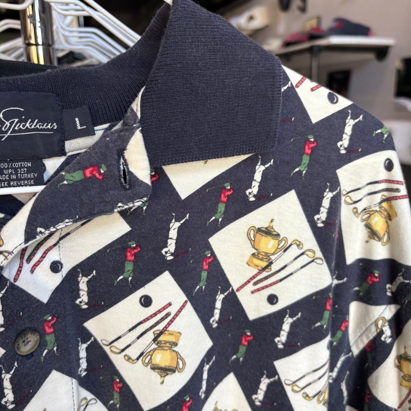 Vintage all over print golf polo large