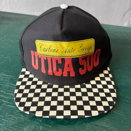 Vintage Utica 500 Hat Snapback with Checkered Bill. Carbon Auto Group.