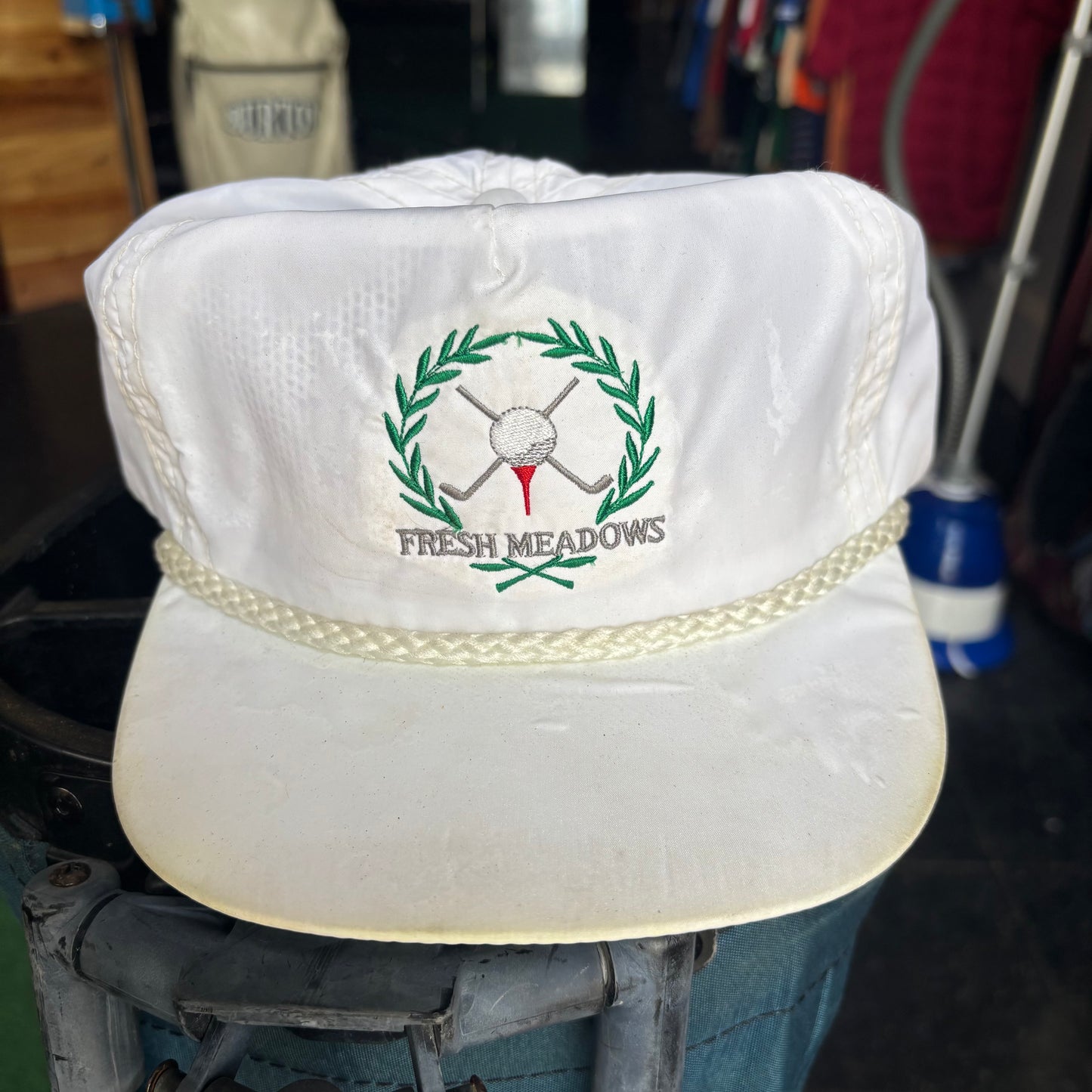 Fresh Meadows Imperial white leather strap back rope hat golf