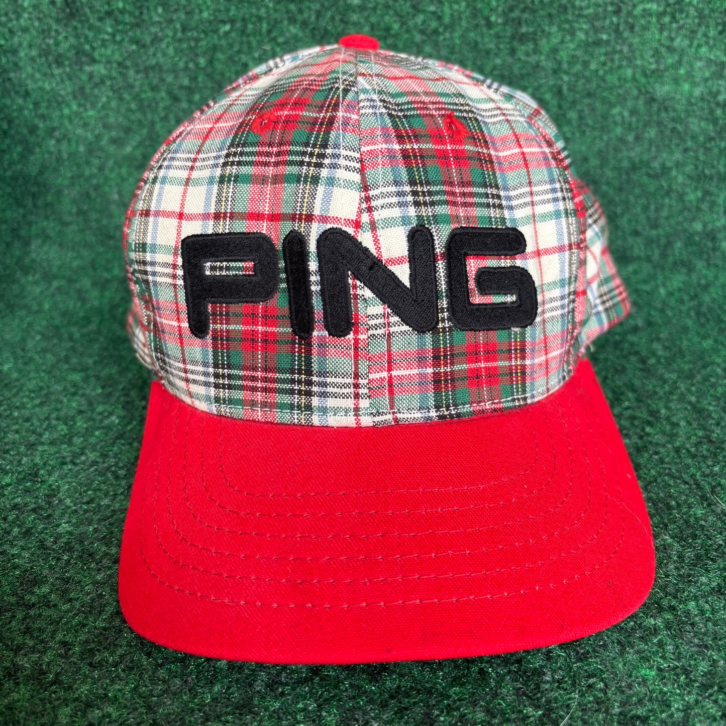 PING plaid red green and white leather strap back