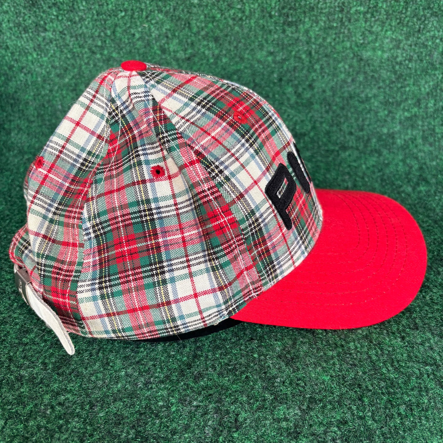 PING plaid red green and white leather strap back