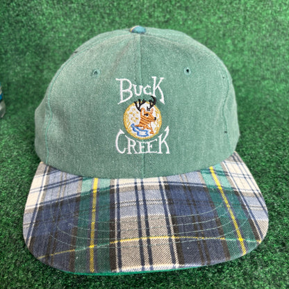 Vintage Buck Creek plaid green leather derby cap strap back