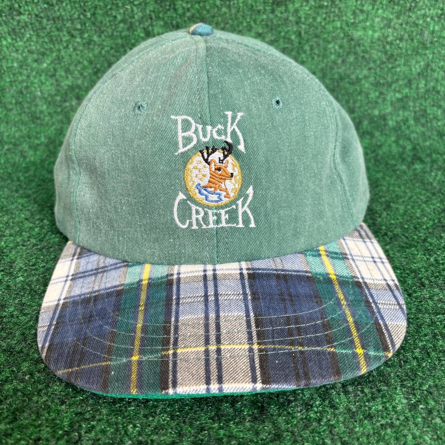 Vintage Buck Creek plaid green leather derby cap strap back