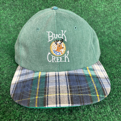 Vintage Buck Creek plaid green leather derby cap strap back