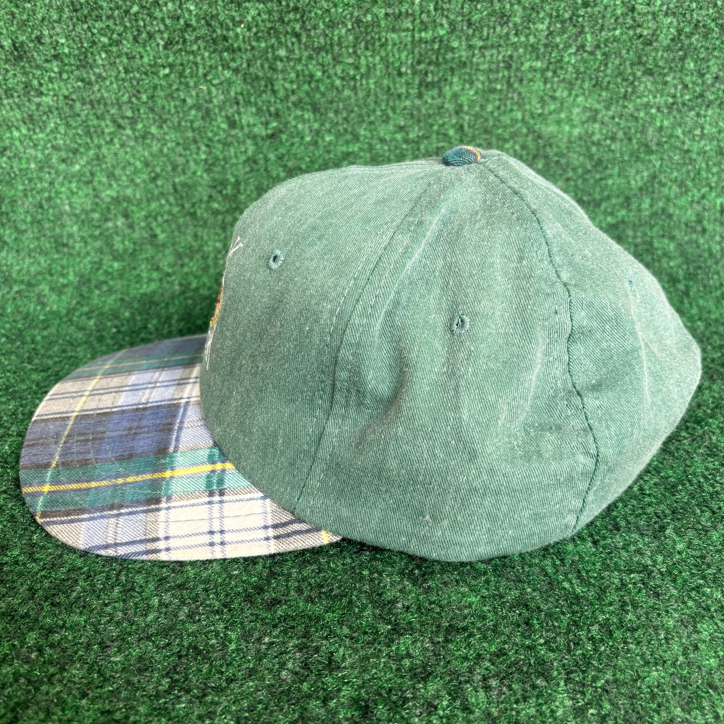 Vintage Buck Creek plaid green leather derby cap strap back