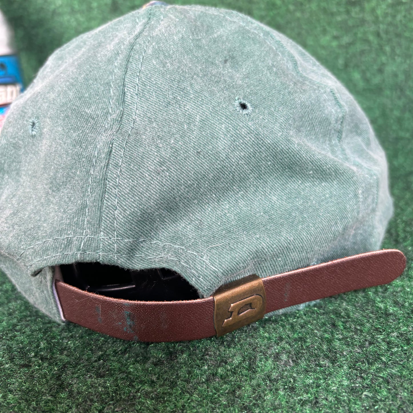 Vintage Buck Creek plaid green leather derby cap strap back