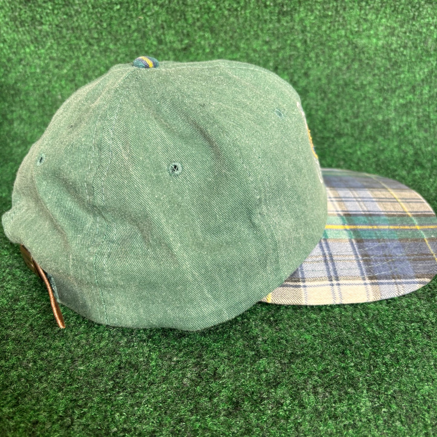 Vintage Buck Creek plaid green leather derby cap strap back