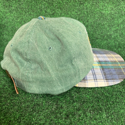 Vintage Buck Creek plaid green leather derby cap strap back