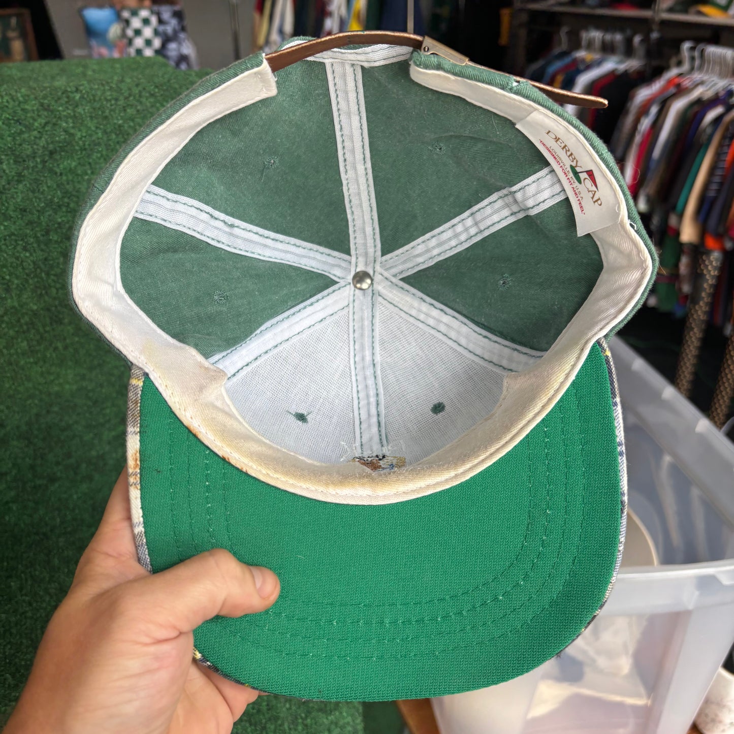 Vintage Buck Creek plaid green leather derby cap strap back