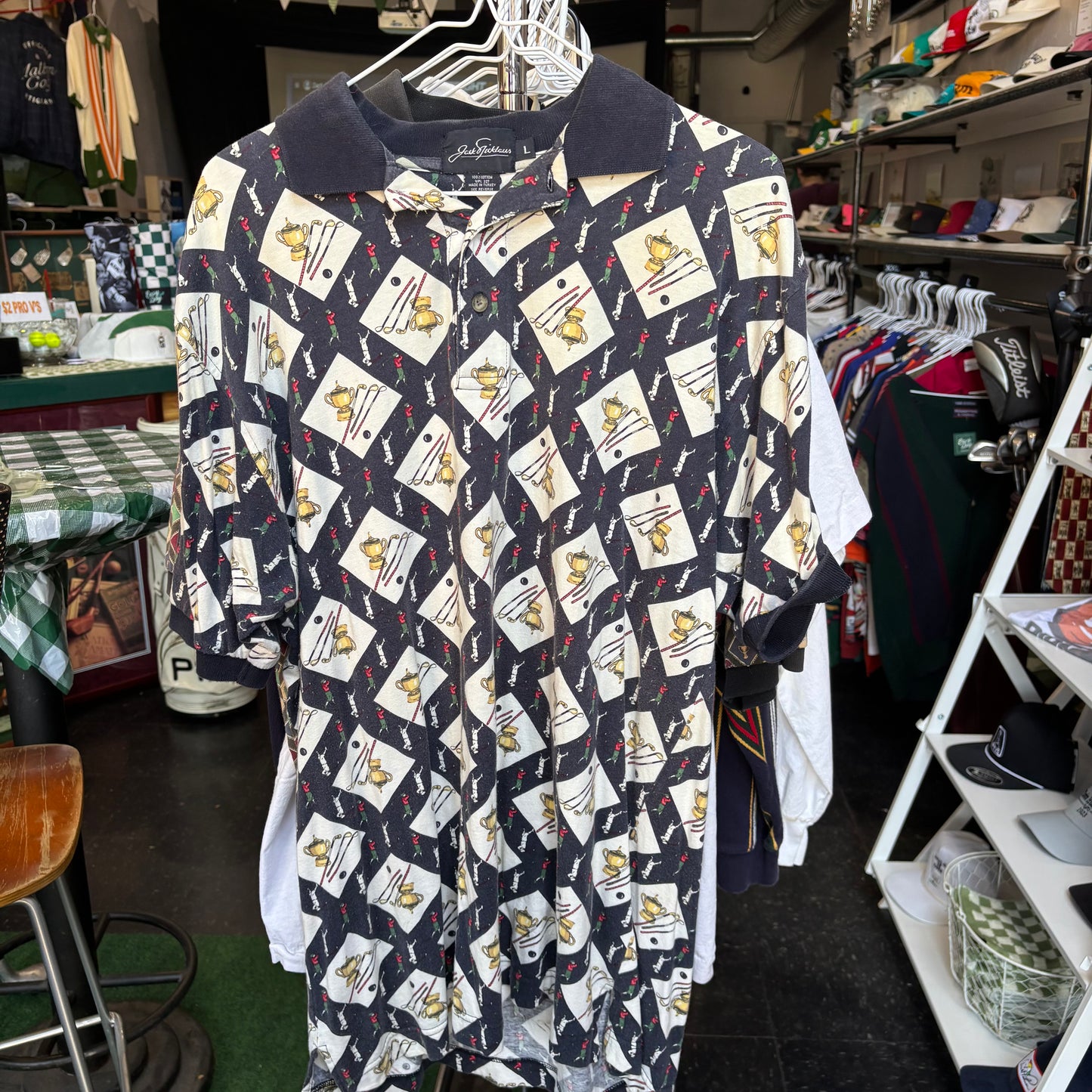 Vintage all over print golf polo large