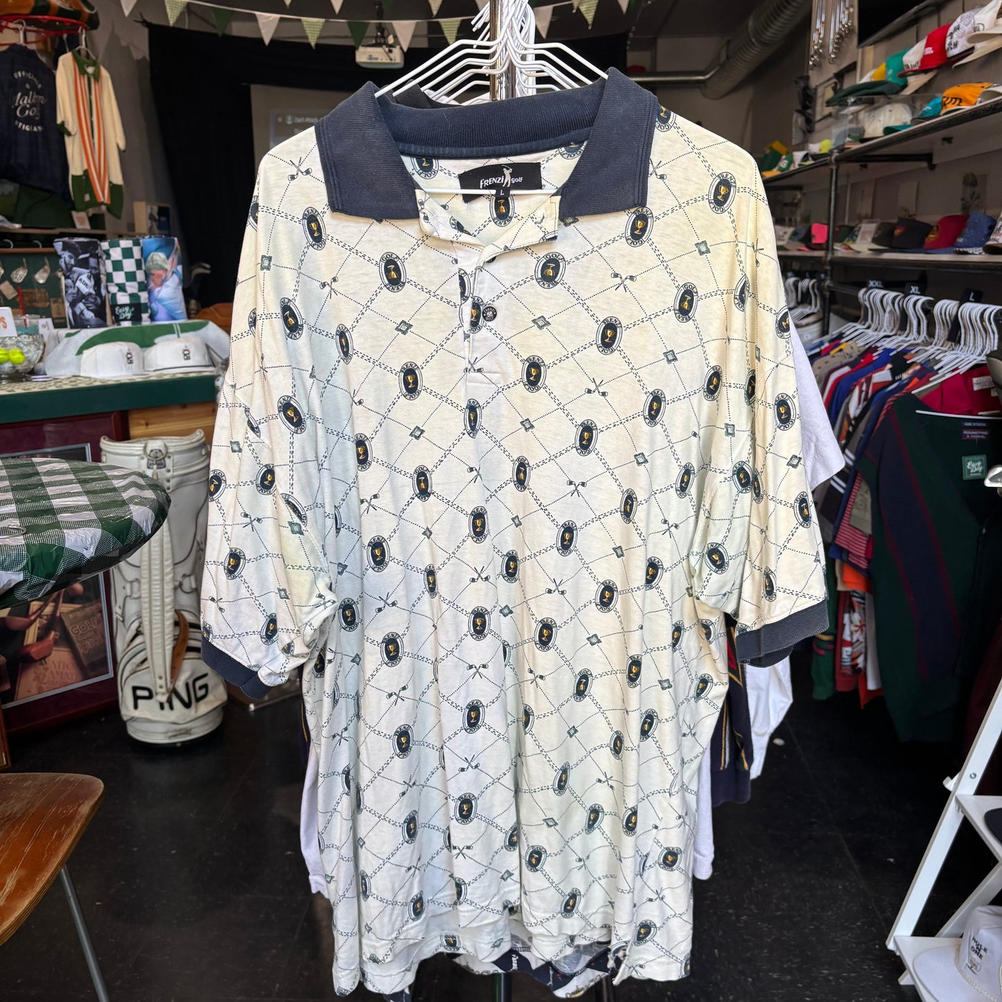 Vintage all over print golf polo large