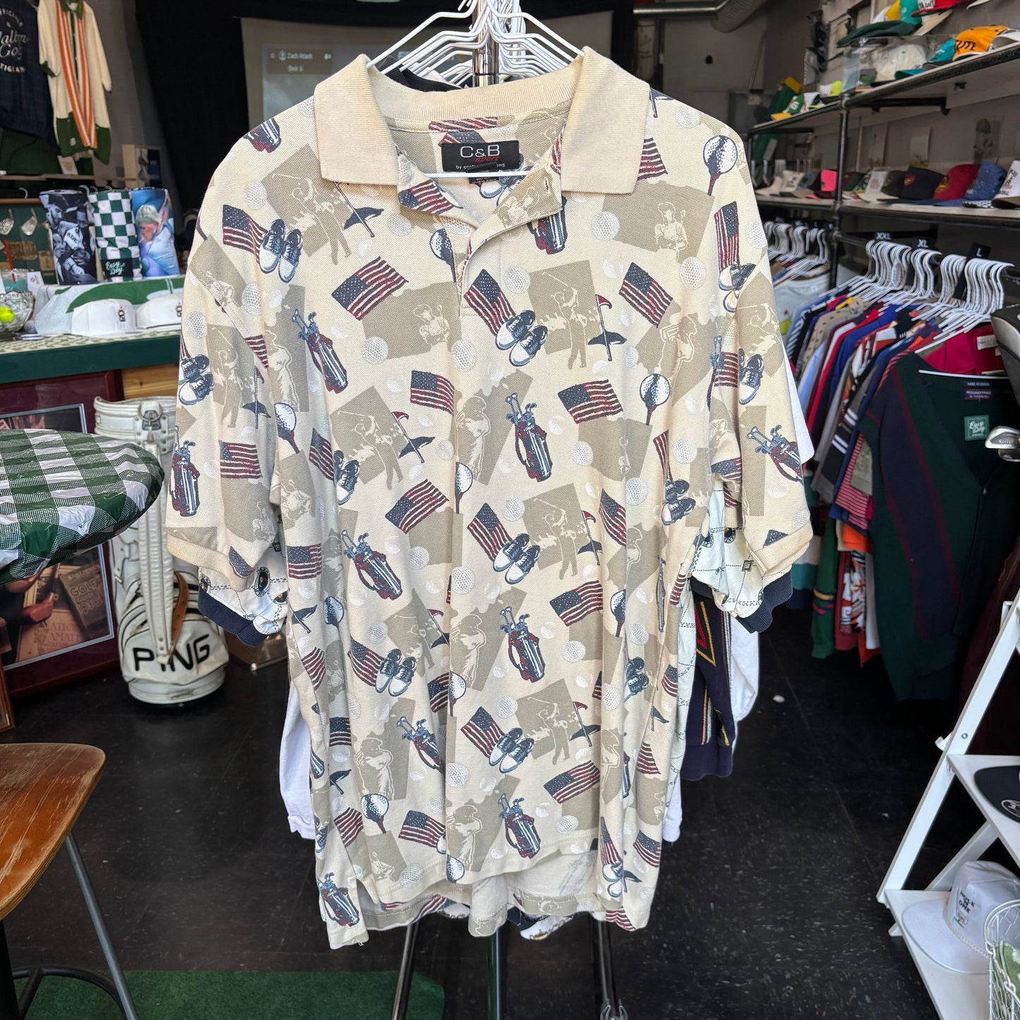 Vintage all over print golf polo large