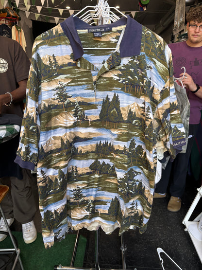 Vintage all over print golf polo large