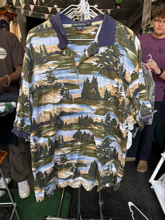 Vintage all over print golf polo large