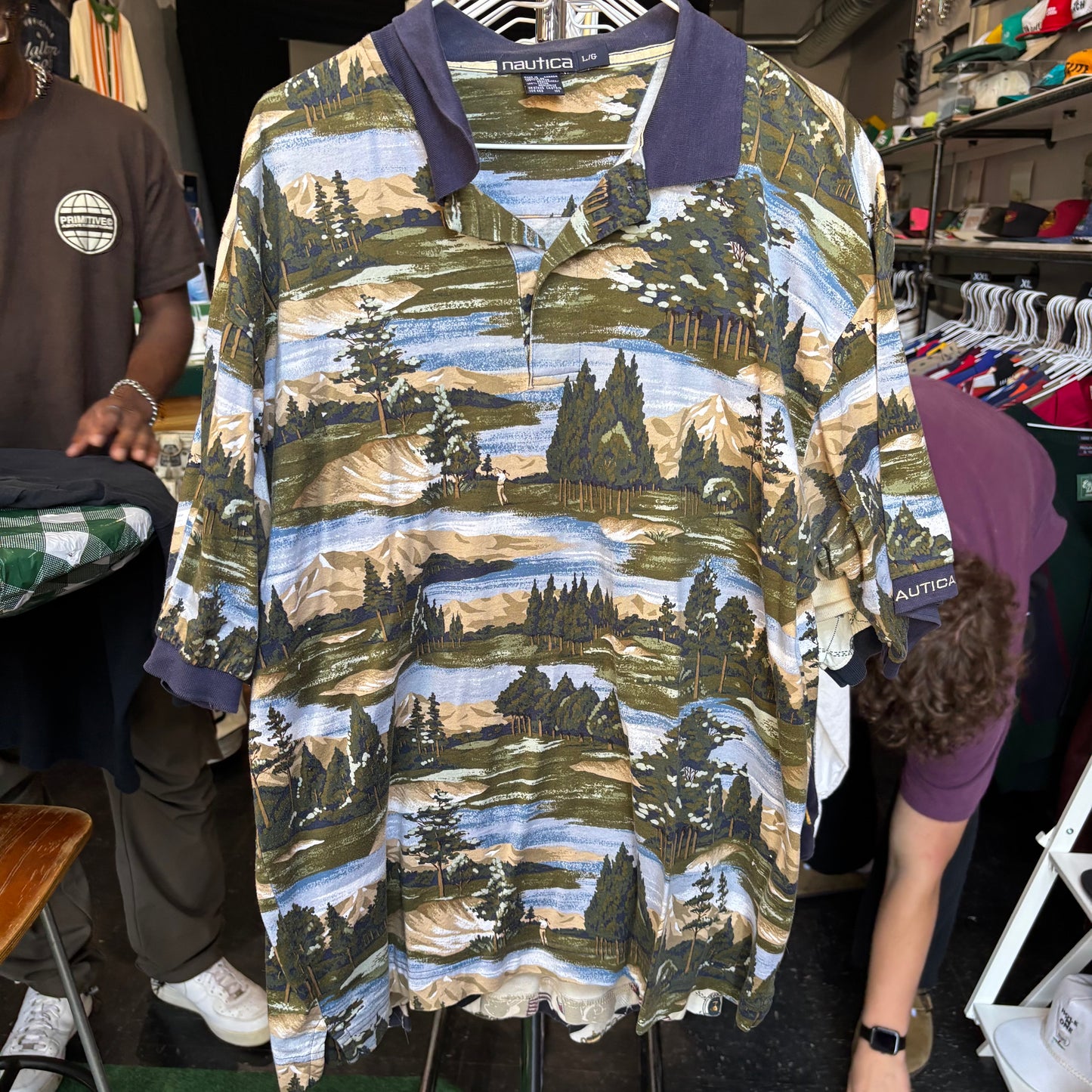 Vintage all over print golf polo large