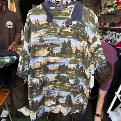 Vintage all over print golf polo large