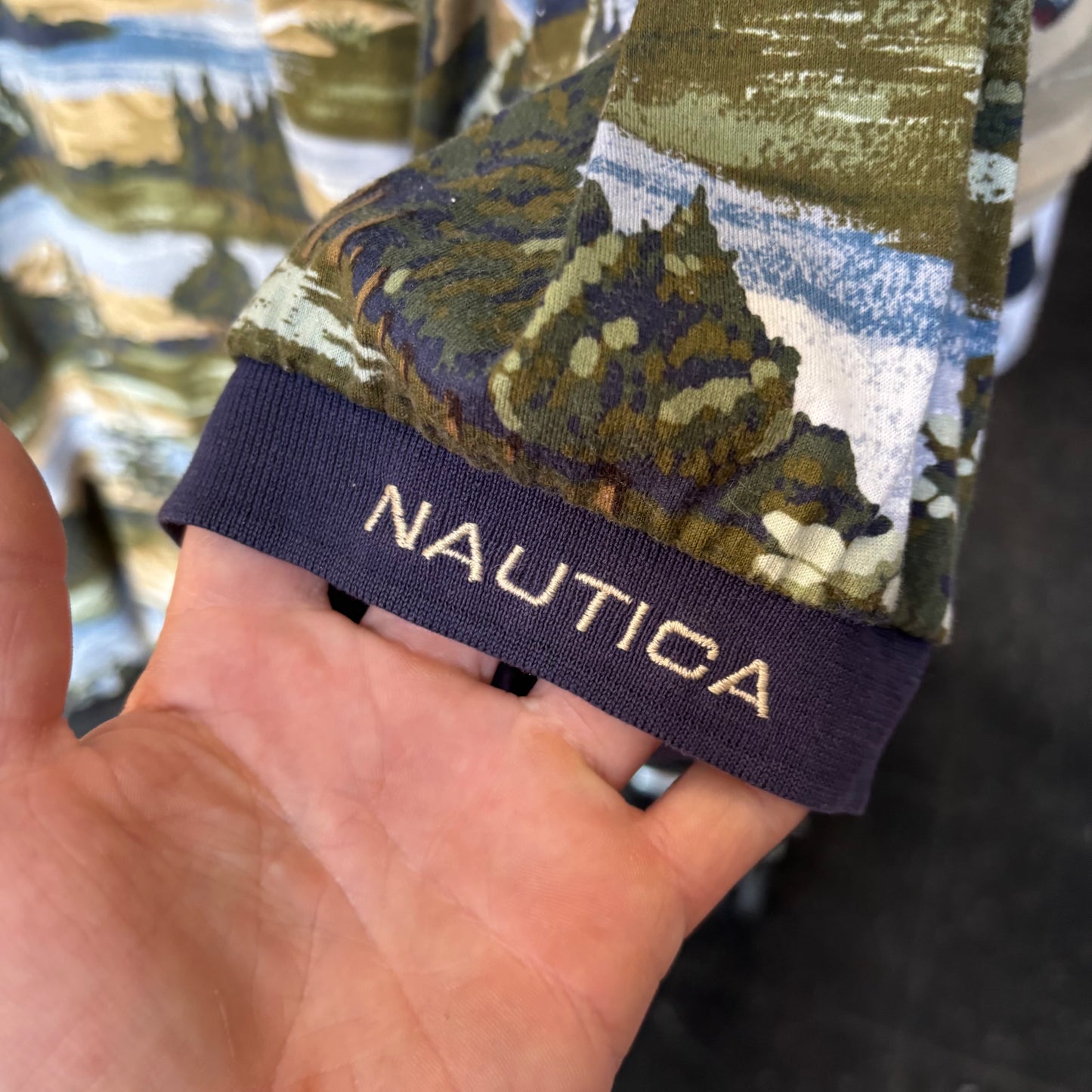 Vintage all over print golf polo large