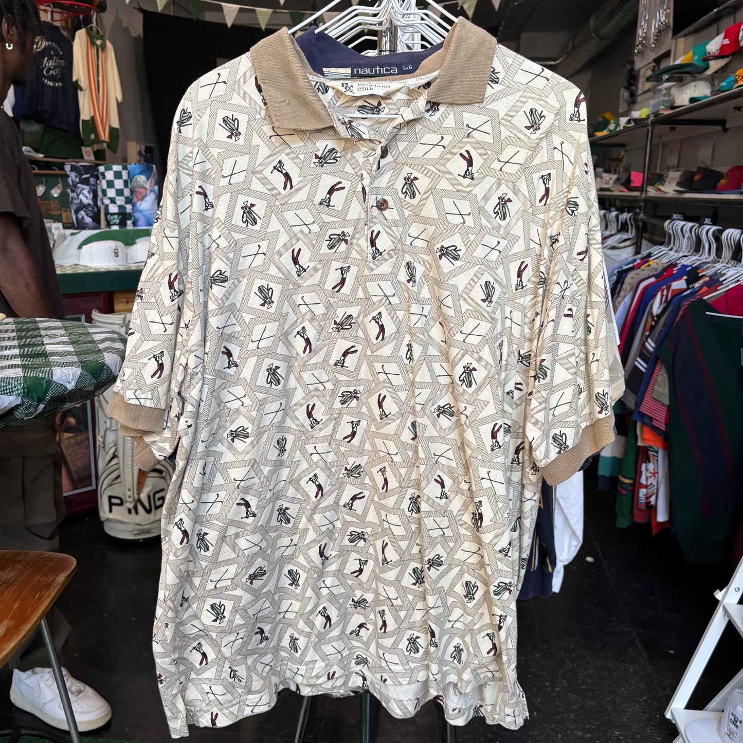 Vintage all over print golf polo large